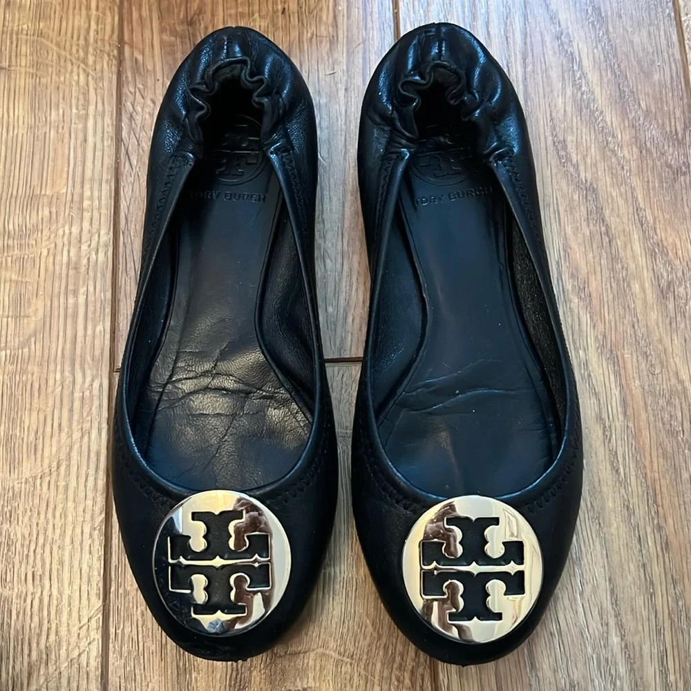 Tory Burch Reva Black Gold Leather Ballet Flats Classic Ballet Flat